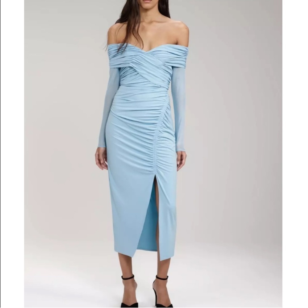 Self-Portrait Jersey Crossover Bust Midi Dress Light Blue Size 8 NWT New